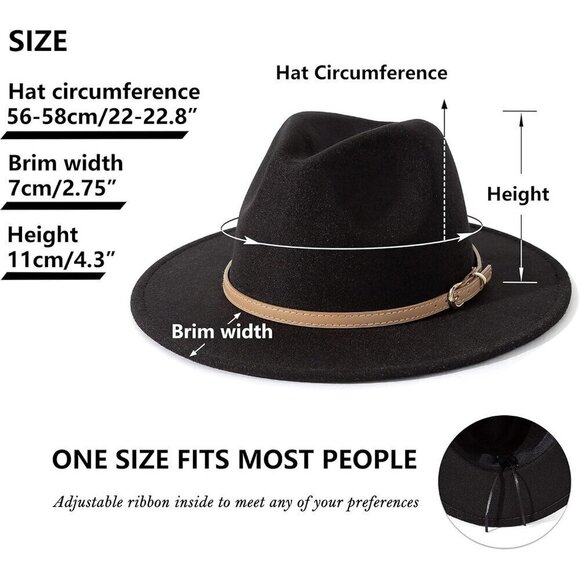 ? Lisianhus Classic Felt Fedora Women Black Wide Brim Fashion Belt Buckle Hats